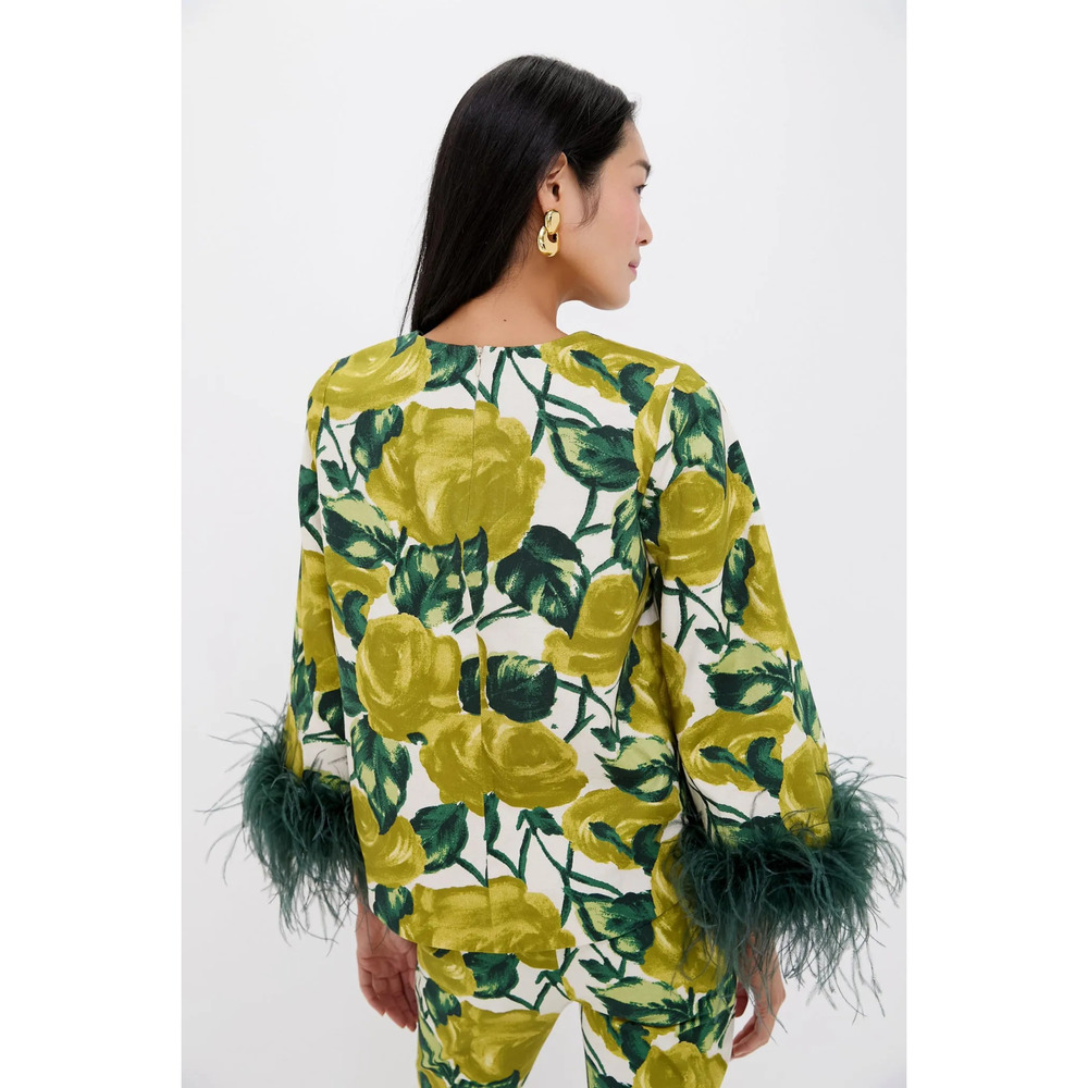 NWT Tuckernuck Giverny Gardens Maxine Top | Yellow Rose Print + Feather Cuffs - Picture 5 of 7